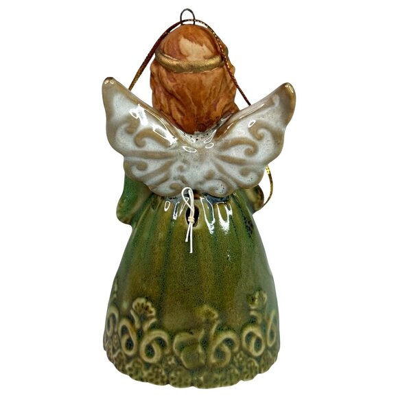 Ceramic Angel Bell figurine Christmas Ornament Green Dress Gold Accents VTG - Picture 4 of 7